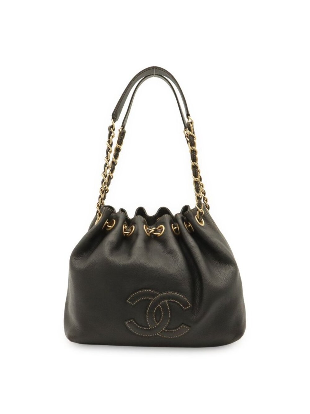 Chanel CC Logo Chain Shoulder Bag Drawstring Caviar Leather Black Gold